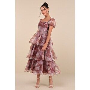Lulus Darling Vision Rust Floral Organza Puff Sleeve Tiered Midi Dress - Size M